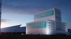 A view of solar panels and large container style battery storage